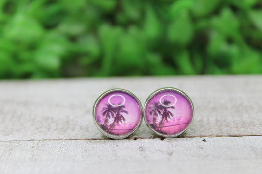Purple Sunset Palms 12mm Glass Stud Earrings