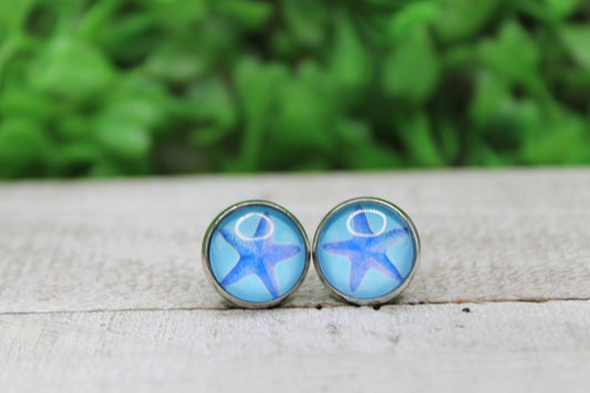 Blue Starfish 12mm Glass Stud Earrings