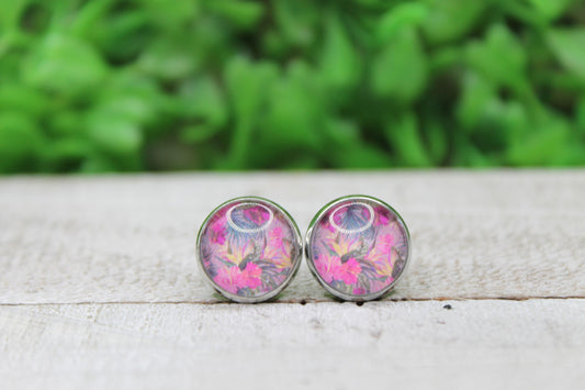 Tropical Pink Hibiscus 12mm Glass Stud Earrings