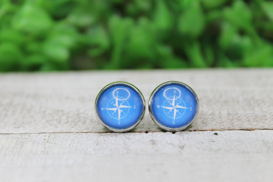 Compass on Blue 12mm Glass Stud Earrings