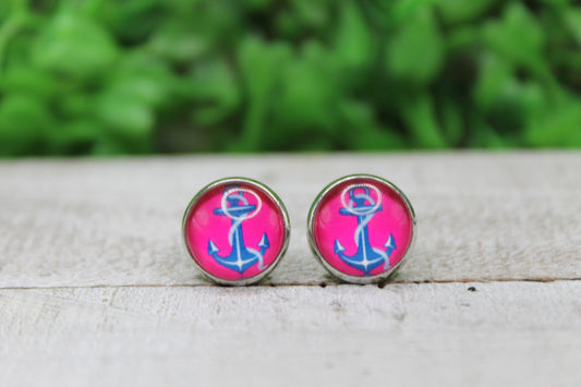 Blue Anchor on Pink 12mm Glass Stud Earrings