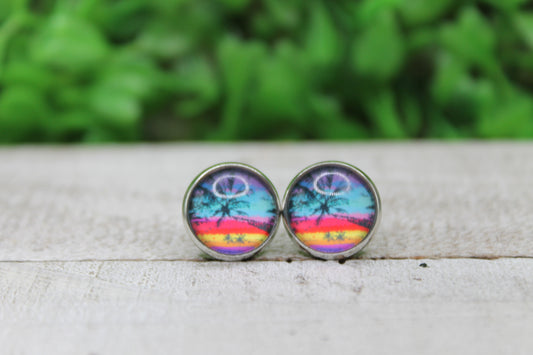 Rainbow Palm Sunset 12mm Glass Stud Earrings