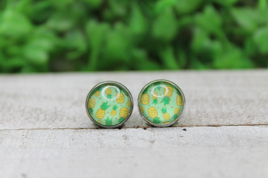 Pineapples on Green 12mm Glass Stud Earrings