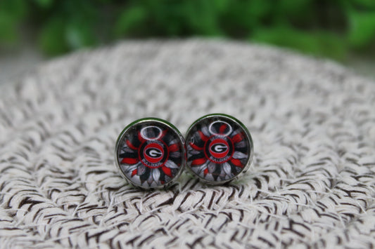 Georgia Bulldogs Sunflower Print 12mm Glass Stud Earrings