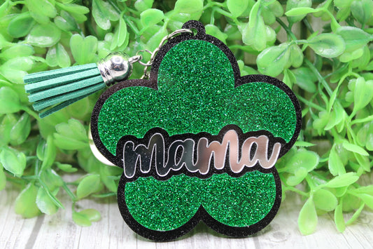 MAMA Green Glitter Flower • Keychain