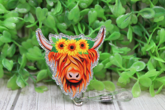 Highland Cow with Sunflowers • Badge/ID Holder with Clip