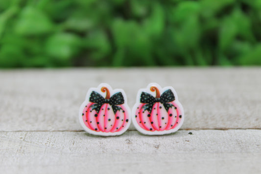 Pink Polka Dot Pumpkin with Bow • Acrylic Stud Earrings