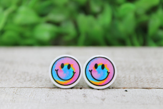 Tie Dye Smiley Face • Acrylic Stud Earrings