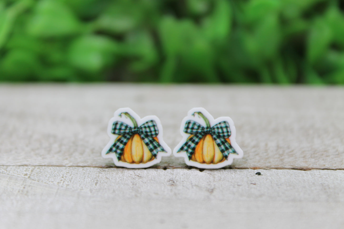 White Plaid Bow Pumpkin • Acrylic Stud Earrings