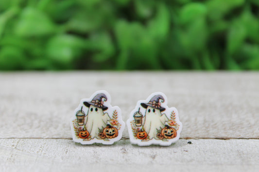 Ghost with Iced Coffee & Jack-O-Lanterns • Acrylic Stud Earrings