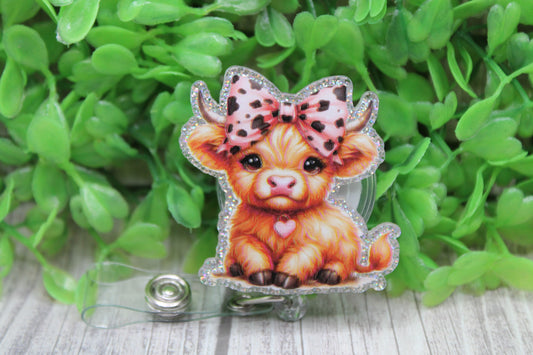 Highland Cow with Pink Bow • Badge/ID Holder with Clip