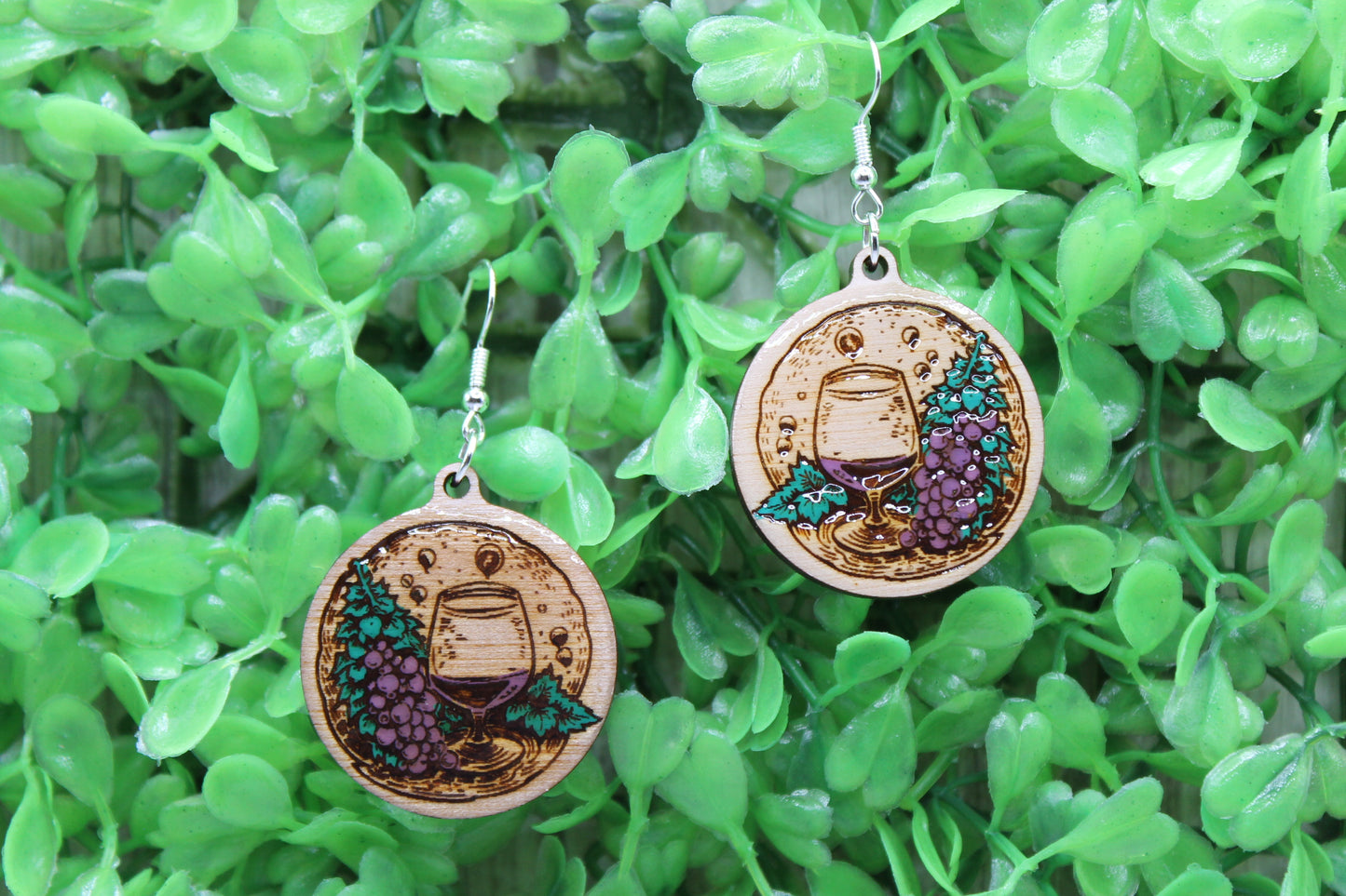 Grapes & Wine Circle • Wood Dangle Earrings