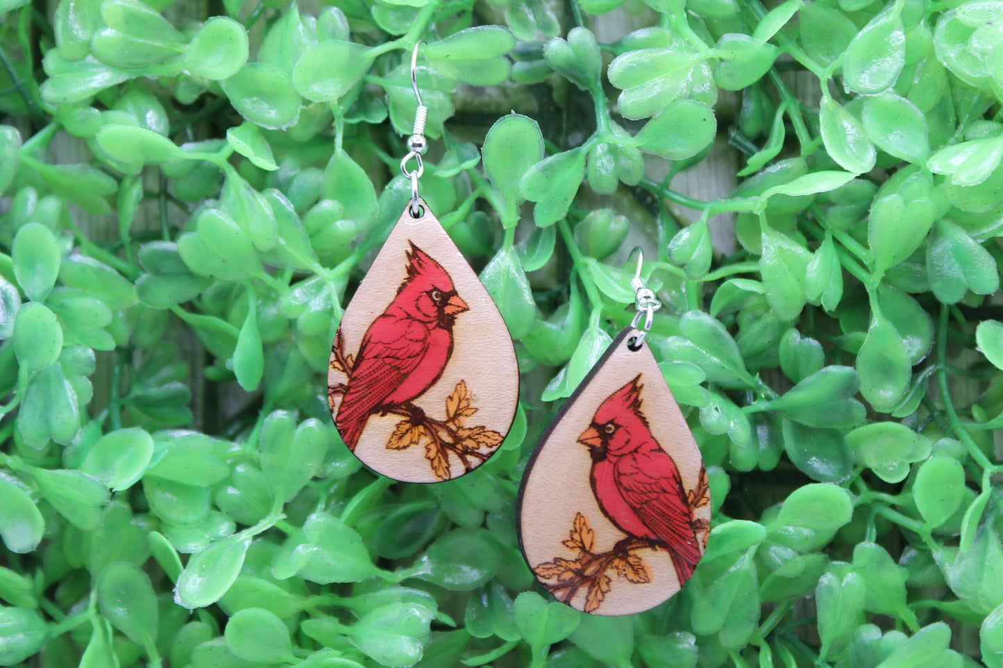 Cardinal with Leaves Teardrop • Wood Dangle Earrings