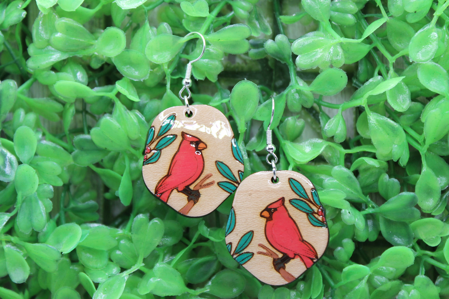 Cardinal with Holly • Wood Dangle Earrings