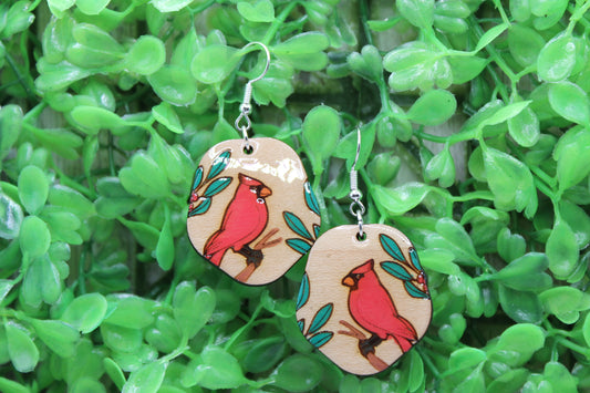 Cardinal with Holly • Wood Dangle Earrings