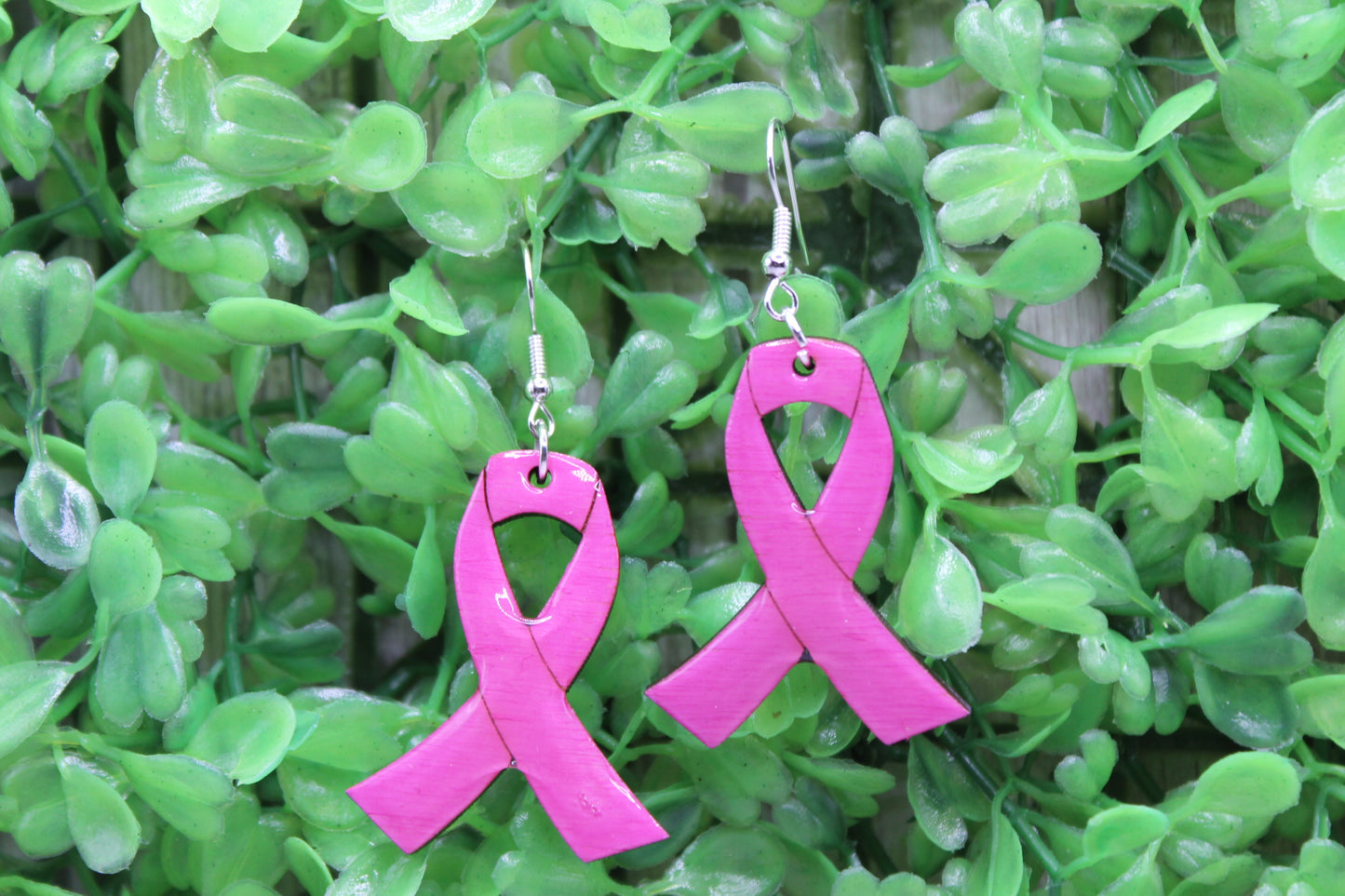 Breast Cancer Awareness Ribbon, Folded • Wood Dangle Earrings