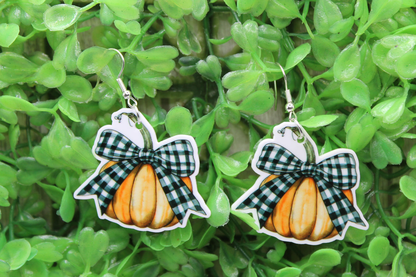 Buffalo Plaid Ribbon Pumpkin • Dangle Earrings