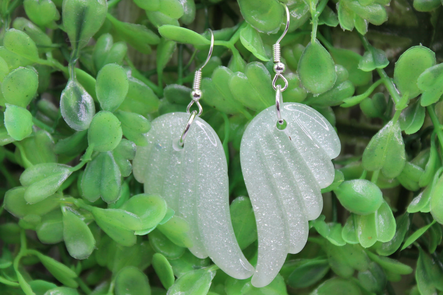 Light Green Sparkle Angel Wings • Dangle Earrings