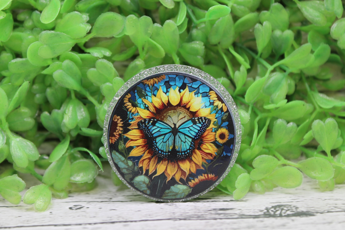 Butterfly with Sunflowers Circle Badge Reel