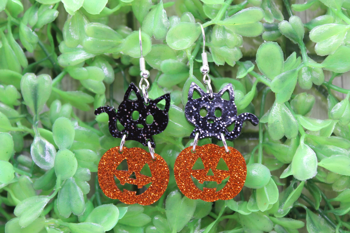 Black Cat in Jack-O-Lantern Glitter • Dangle Earrings