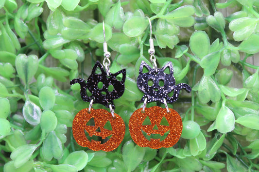 Black Cat in Jack-O-Lantern Glitter • Dangle Earrings