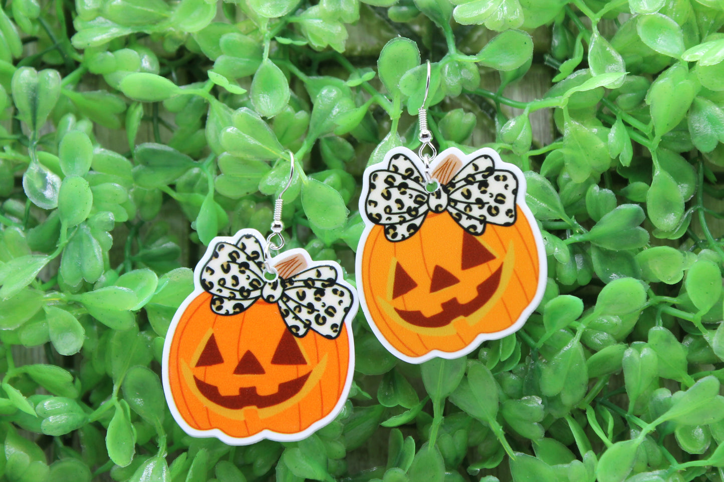 Jack-O-Lantern with Leopard Bow • Dangle Earrings