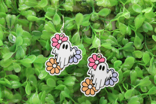 Ghost with Retro Flowers • Dangle Earrings