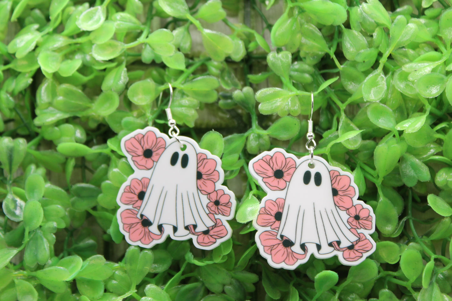 Ghost with Pink Flowers • Dangle Earrings