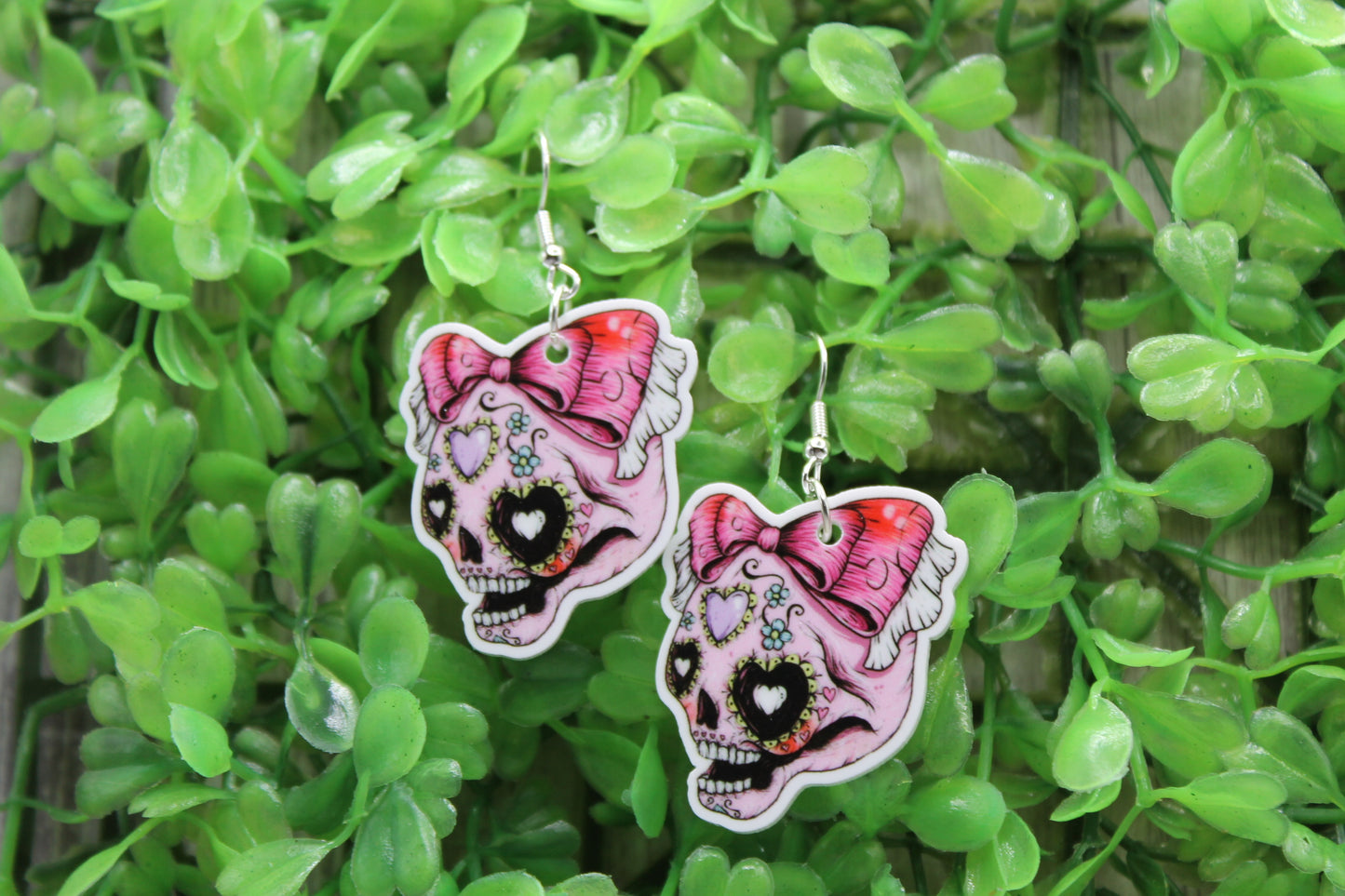 Pink Sugar Skull with Bow • Dangle Earrings