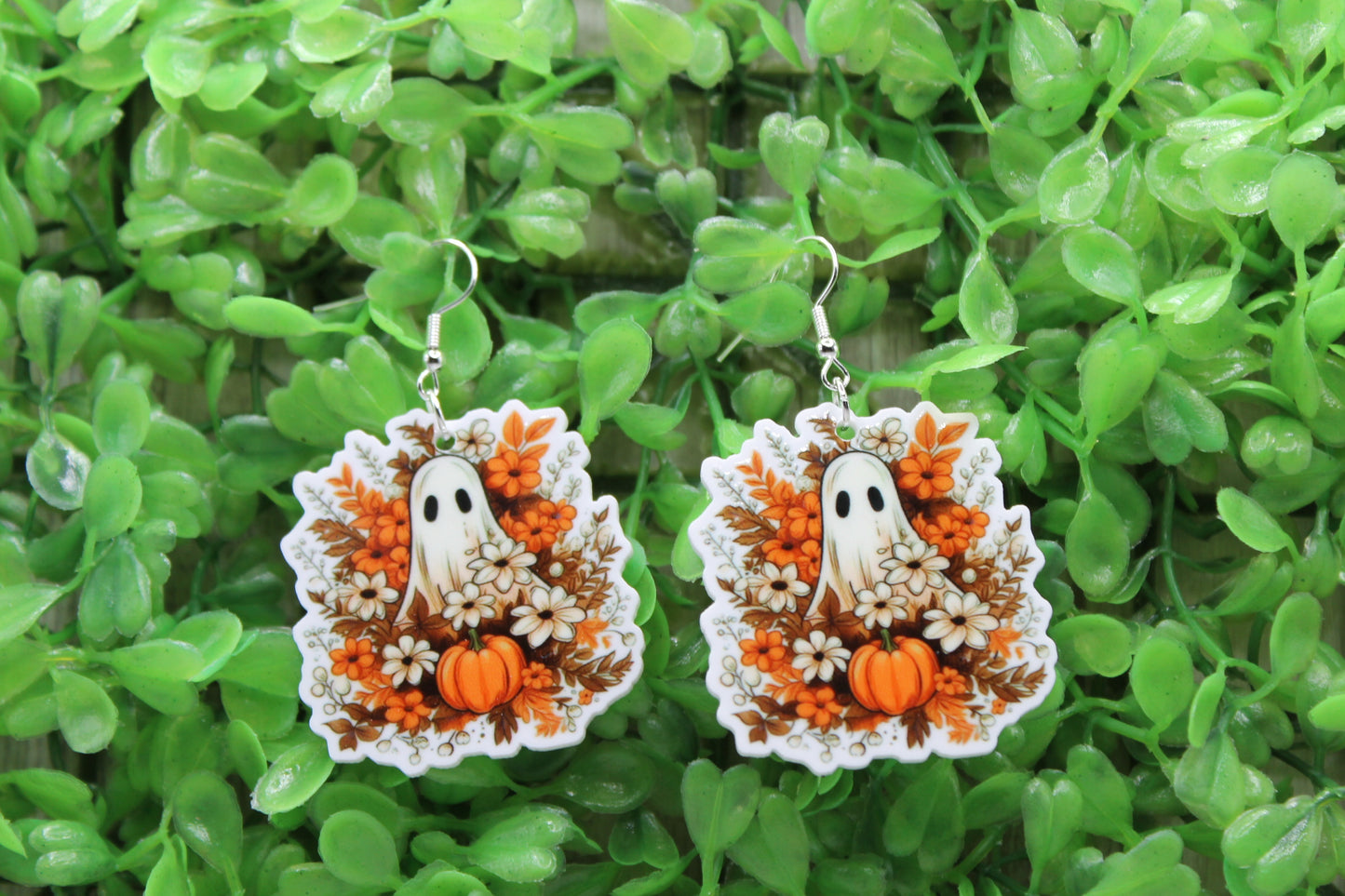 Fall Floral Ghost & Pumpkin • Dangle Earrings