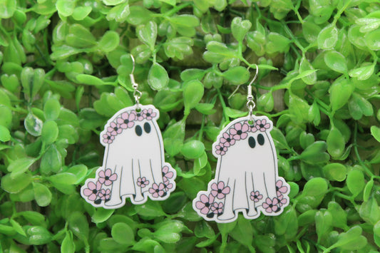 Ghost with Pink Floral Crown • Dangle Earrings