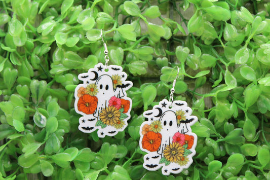 Ghost with Flowers & Bats • Dangle Earrings