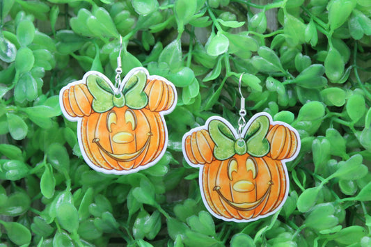 Green Bow Pumpkin Mouse • Dangle Earrings