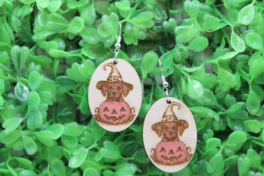 Pup in Witch Hat with Jack-O-Lantern Oval • Wood Dangle Earrings