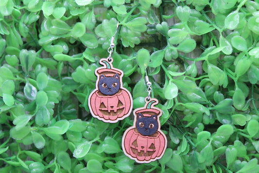 Black Cat in Jack-O-Lantern • Wood Dangle Earrings