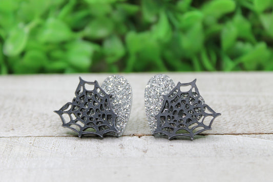 Silver Glitter Hearts with Spider Webs • Stud Earrings