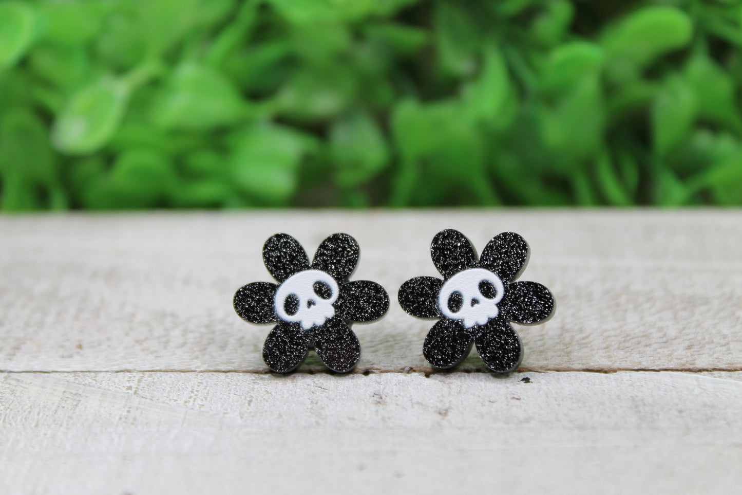 Black Glitter Skull Flower • Stud Earrings