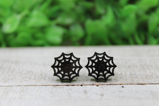 Black Glitter Spiderwebs • Stud Earrings