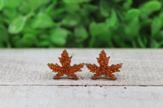 Orange Glitter Leaves • Stud Earrings