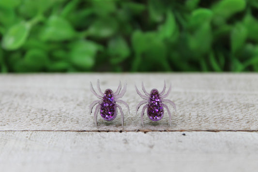 Purple Glitter Spiders • Stud Earrings