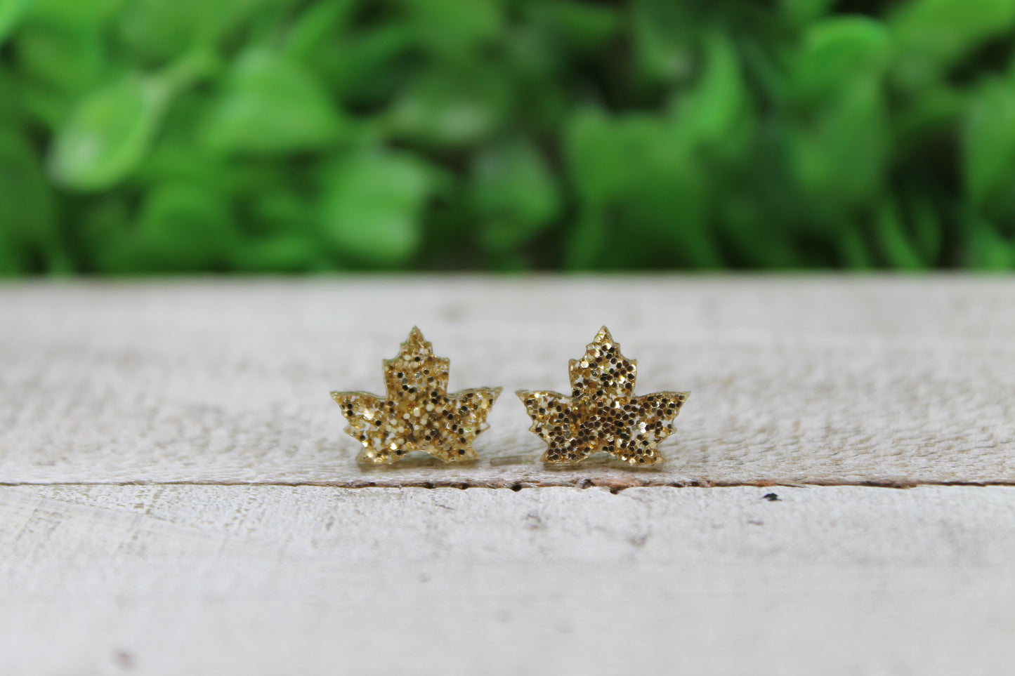 Gold Glitter Leaves • Stud Earrings