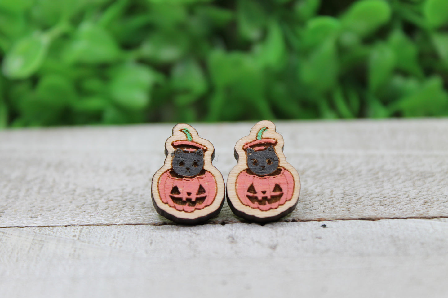 Black Cat in Jack-O-Lantern • Wood Stud Earrings