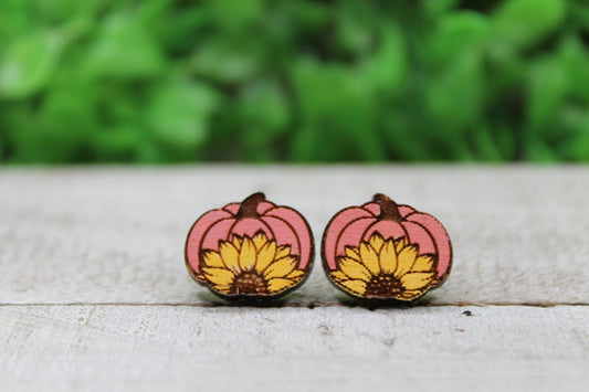 Sunflower Pumpkin • Wood Stud Earrings