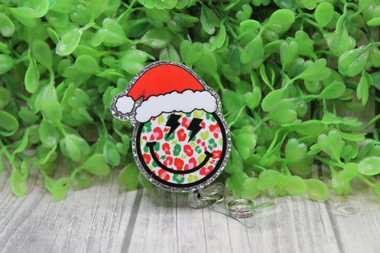 Santa Hat Christmas Leopard Smiley • Badge/ID Holder with Clip