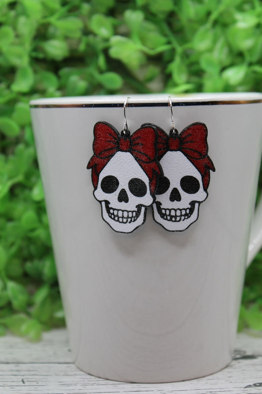 Skull with Red Bow Drop Earrings