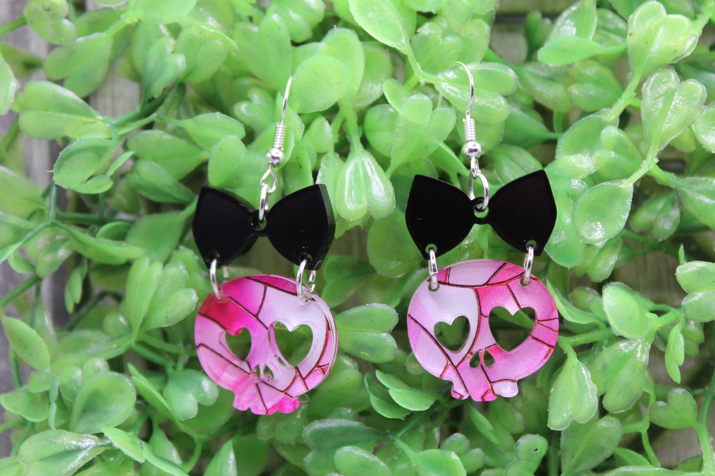 Heart Eyes Pink Skull with Bow • Dangle Earrings