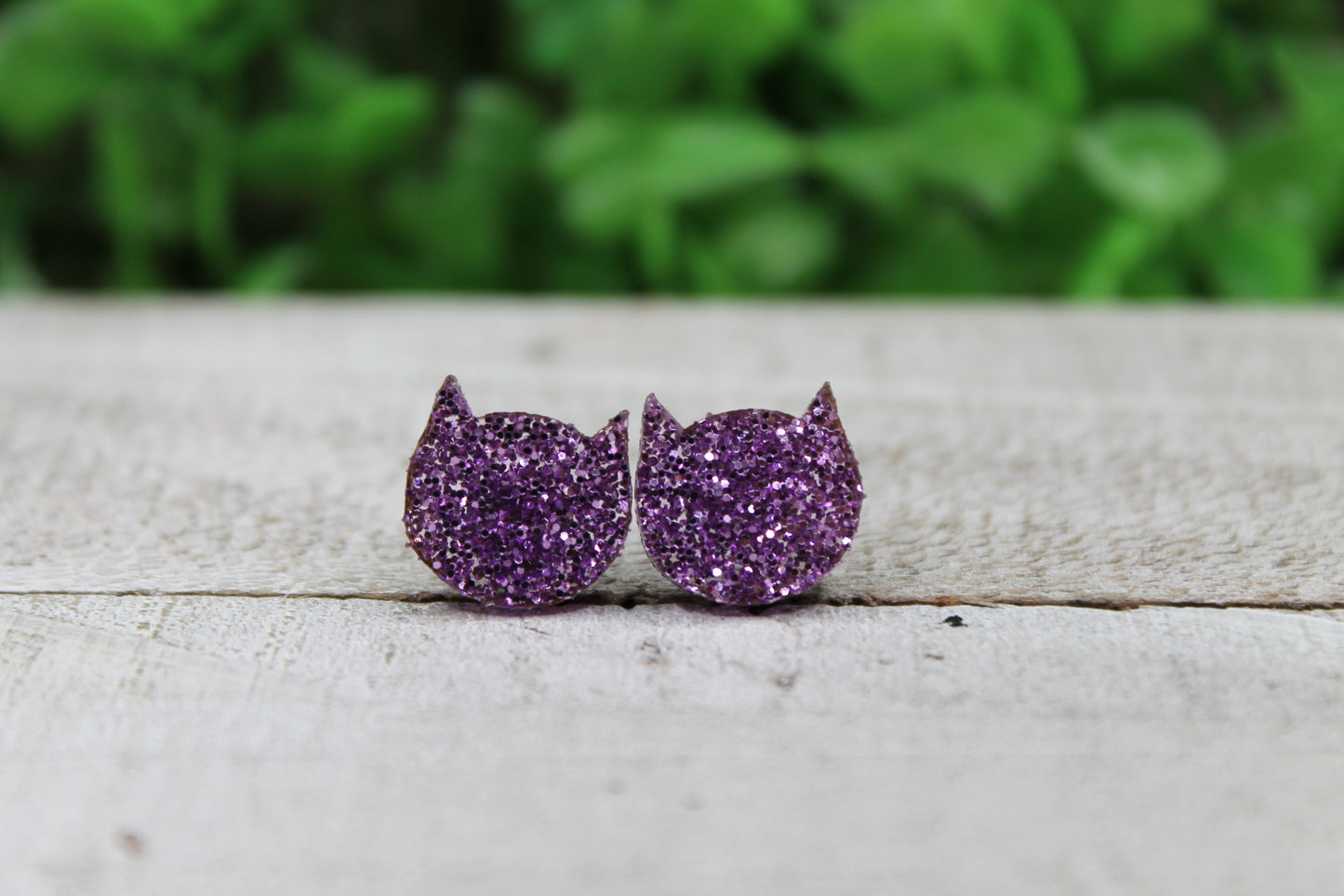 Purple Glitter Cat Face • Stud Earrings