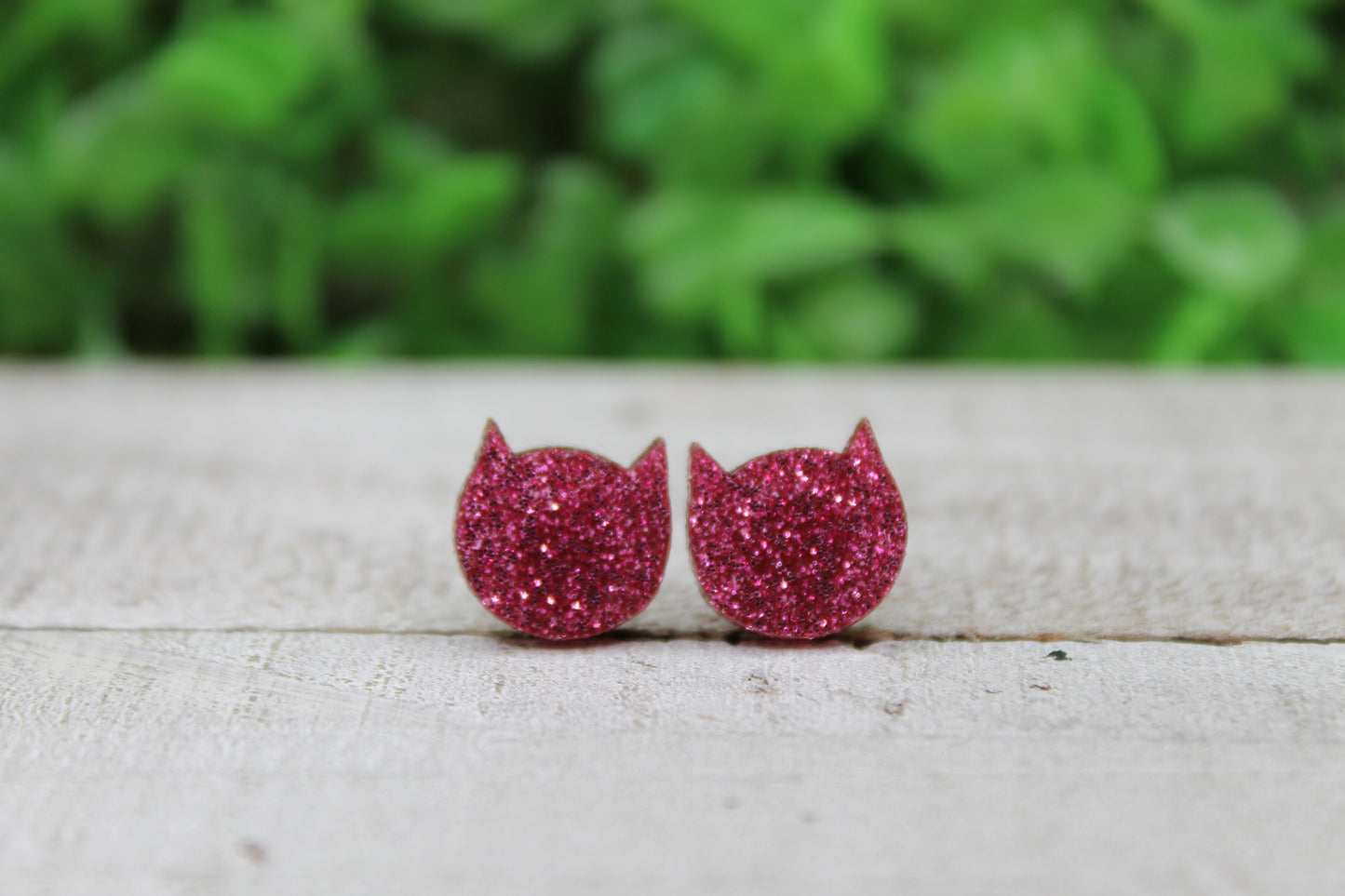 Pink Glitter Cat Face • Stud Earrings