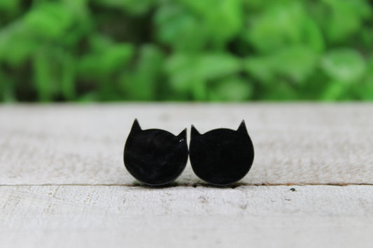 Black Shimmer Cat Face • Stud Earrings