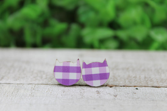 Purple Plaid Cat Face • Stud Earrings